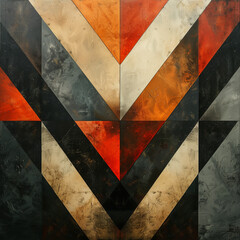 Geometric pattern with vibrant red, orange, black, and white elements.