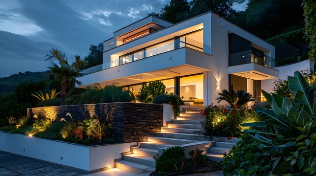 Modern villa with garden and illuminated steps at night, showcasing the lighting effect of LED lights on plants in flower beds around the house.
