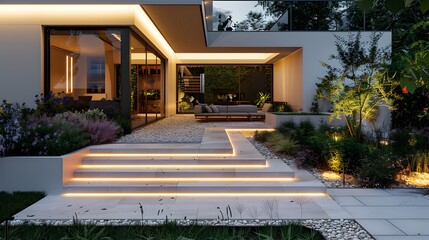 Modern villa with garden and illuminated steps at night, showcasing the lighting effect of LED lights on plants in flower beds around the house.
