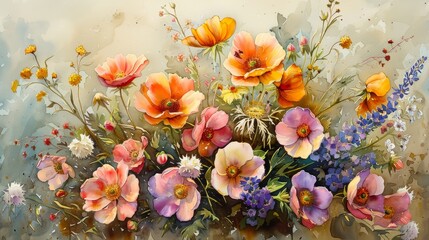 Exquisite watercolor painting of a bountiful bouquet of flowers.
