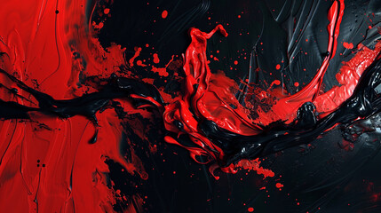A dramatic display of scarlet red and midnight black oil paint splashes, creating a bold and...