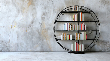 Industrial-chic novels on a short, circular iron bookshelf against a light concrete wall.