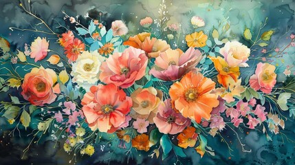 Fototapeta premium Exquisite watercolor painting of a vibrant floral bouquet. Perfect for adding a touch of beauty to any room.