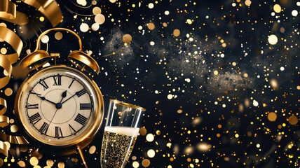 elegant New Year banner featuring a black and gold theme with a sophisticated clock, champagne glasses, and golden confetti