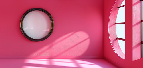 Hot pink wall in gallery hall featuring a compact circular blank frame, fun bold panorama.