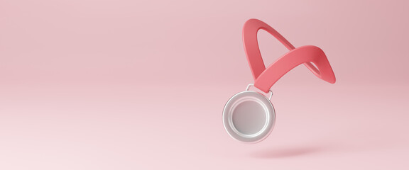 Silver medal sport award with ribbons for winner isolation on pink background,prize badge. Sport metaphor 2024, revealing the concept of victory and the start of the season. Copy space. 3d rendering