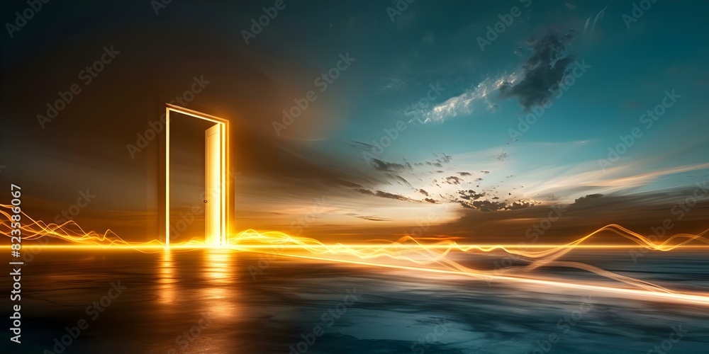 Poster yellow light streaming through open door in d rendering on blue background. concept architectural vi