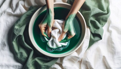 Greenwashing- oder Green-Shine-Konzept mit Waschschüssel mit grüner Farbe und grünen Händen 