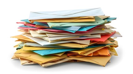 Pile of various envelopes isolated on white background with clipping path, A large stack or pile of letters and envelope.
