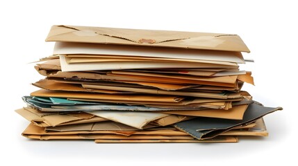 Pile of various envelopes isolated on white background with clipping path, A large stack or pile of letters and envelope.
