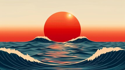 Red sun sets over a deep blue ocean.