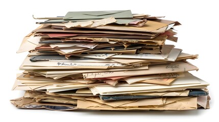 Pile of various envelopes isolated on white background with clipping path, A large stack or pile of letters and envelope.
