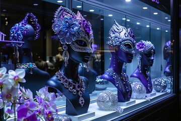 art, mask, decoration, colorful, beautiful jewelry store showcase, jewel, jewelry, luxury, mannequin, decor
