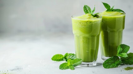 Creamy matcha smoothies with mint in clear glasses on white background.