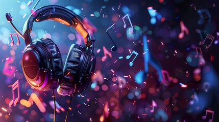 Close-up of headset headphones with musical notes floating around, vibrant World Music Day banner, isolated background, studio lighting