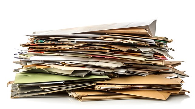 Pile of various envelopes isolated on white background with clipping path, A large stack or pile of letters and envelope.

