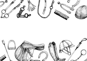 Graphic vector banner or template with illustration of horse saddle, horseshoe, helmet, snaffle, boot, whip . Boot, helmet. Hand painting. Horse equipment, for horse sport, riding