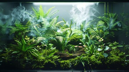 a plant ecosystem in a rectangled terrarium with lots of green plants, on the floor is water wood and rocks, in the terrarium is also some smoke, futuristic