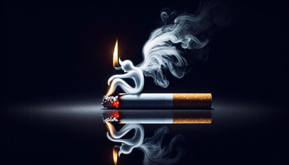 Der Raucher - Teufel. Eine brennende Zigarette, auf der symbolisch ein aus Qualm geformert Teufel sitzt, Anti Raucher Konzept