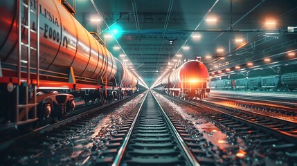 A long freight train is passing through a tunnel