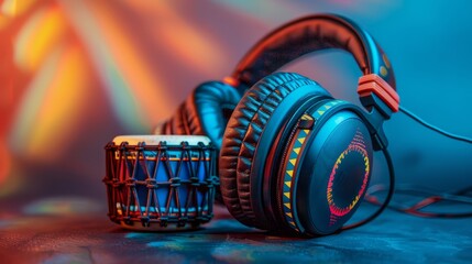 Close-up of headset headphones and trumpet, colorful World Music Day banner, isolated background, studio lighting