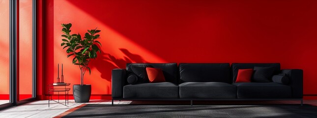 Modern Living Room with Black Sofa and Red Accent Wall