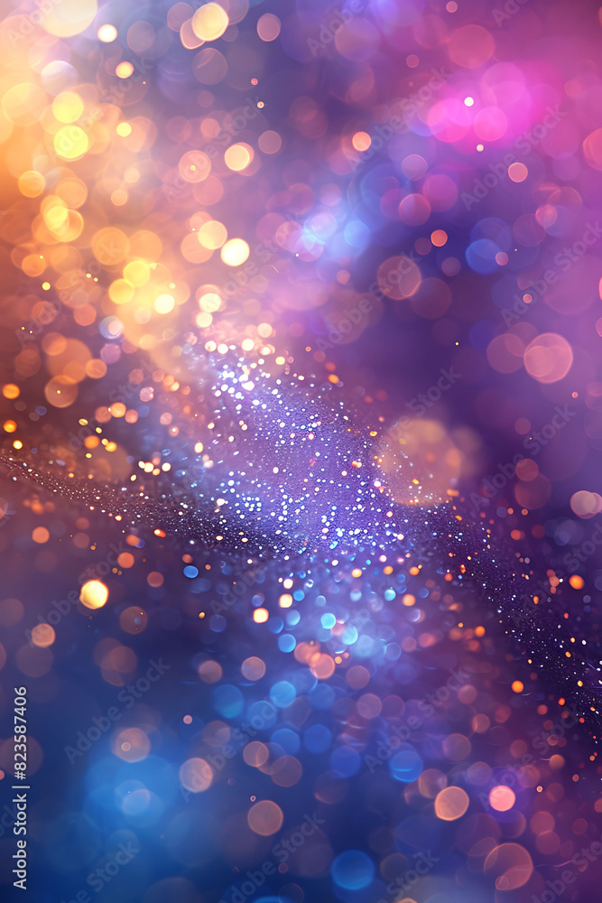 Poster Serene and abstract background featuring a bokeh effect with light spots in a variety of pastel colors, such as purple, blue, gold, yellow, white, silver, and pink