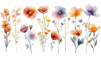 The image is a watercolor painting of a variety of flowers