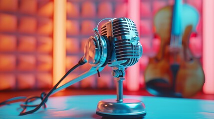 Close-up of headphones with a violin and microphone, World Music Day banner, vibrant colors, isolated background, studio lighting