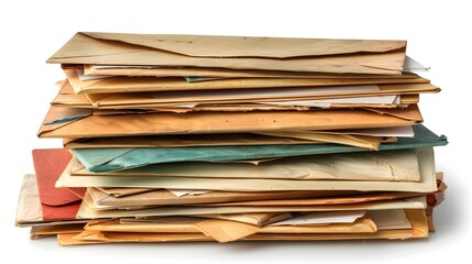 Pile of various envelopes isolated on white background with clipping path, A large stack or pile of letters and envelope.
