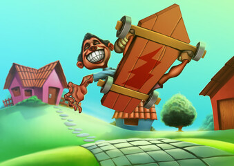 A happy boy going down a hill at great speed in a roller cart and jumping