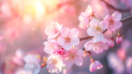 Fototapeta premium Pink cherry blossom against a blurred background with warm light.