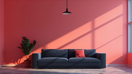 Modern Living Room with Dark Sofa and Red Accent Wall