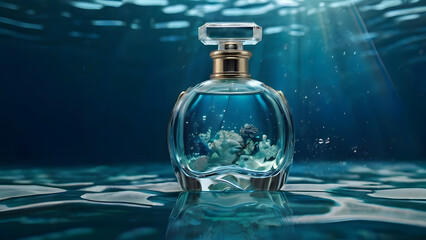 Perfume bottle on the seabed inside corals and fish very sun visible through the water
