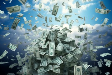 Picture of a large pile of dollar bills with more bills floating in the air against a bright blue sky
