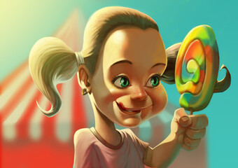 Little girl with a big lollipop in front of a circus tent