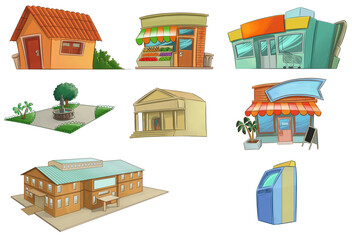 illustrations of house, grocery, supermarket, square, library, restaurant, factory and cash machine