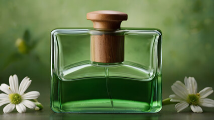 Perfume bottle in green shades, non-standard shape, wooden cap against a forest background