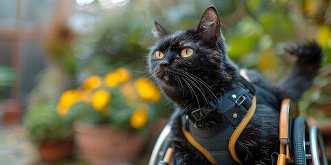 Disabled black cat in harness and wheelchair at vet clinic for therapy. Concept Disabled Pets, Veterinary Therapy, Special Needs Cats, Animal Wheelchair, Feline Health