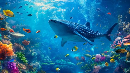Whale shark under the ocean with colorful corals and fishes