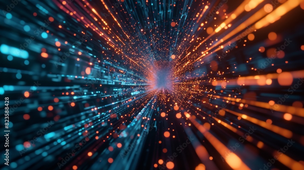 Poster dynamic visualization of a hyperspace tunnel with intense blue and orange light particles streaming 