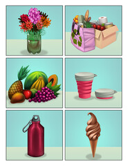 collection of objects that help us preserve the environment, such as: returnable bags, retractable cups, thermal bottles, recycling of pet bottles