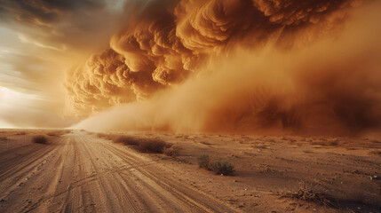 A huge cloud of dust is blowing across a desert