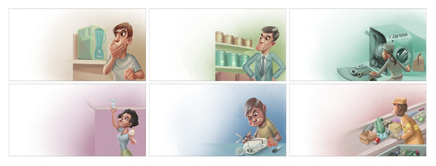 scenes that show resource savings; such as: energy saving; reusing packaging; recycling waste; repairing machines