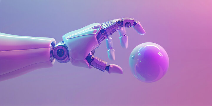 a robot hand is touching a ball against a gradient background