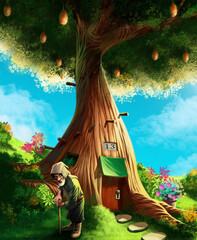 A digital painting of a dwarf with a cane in front of his treehouse in a very flowery setting