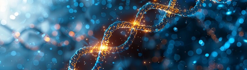 The image shows a glowing blue double helix representing DNA with a glowing yellow center.