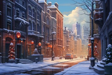 Cozy winter street view with festive lights and snowy scene
