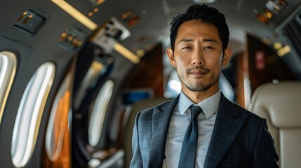 Asian man near business jet
