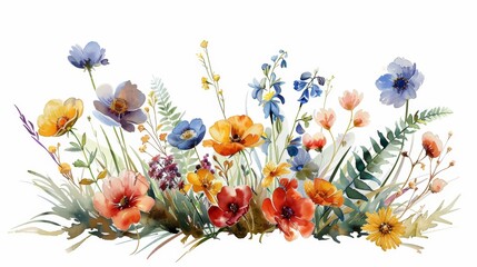 The image shows a beautiful watercolor painting of a variety of flowers